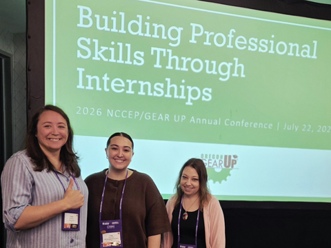 Danielle Taylor, Grace Whitley, and Cheyanne Pulsipher presenting on university grant administration internships at the 2026 NCCEP conference.